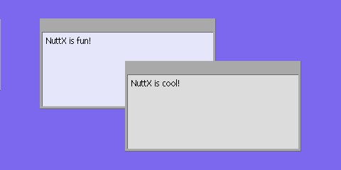 Figure 1. This screenshot shows the final frame for the NuttX
example at  running on the simulated, Linux x86
platform with simulated framebuffer output to an X window. This picture
shows to framed window with (blank) toolbars. Each window has displayed
text as received from the NX keyboard interface The second window has
just been raised to the top of the
display.