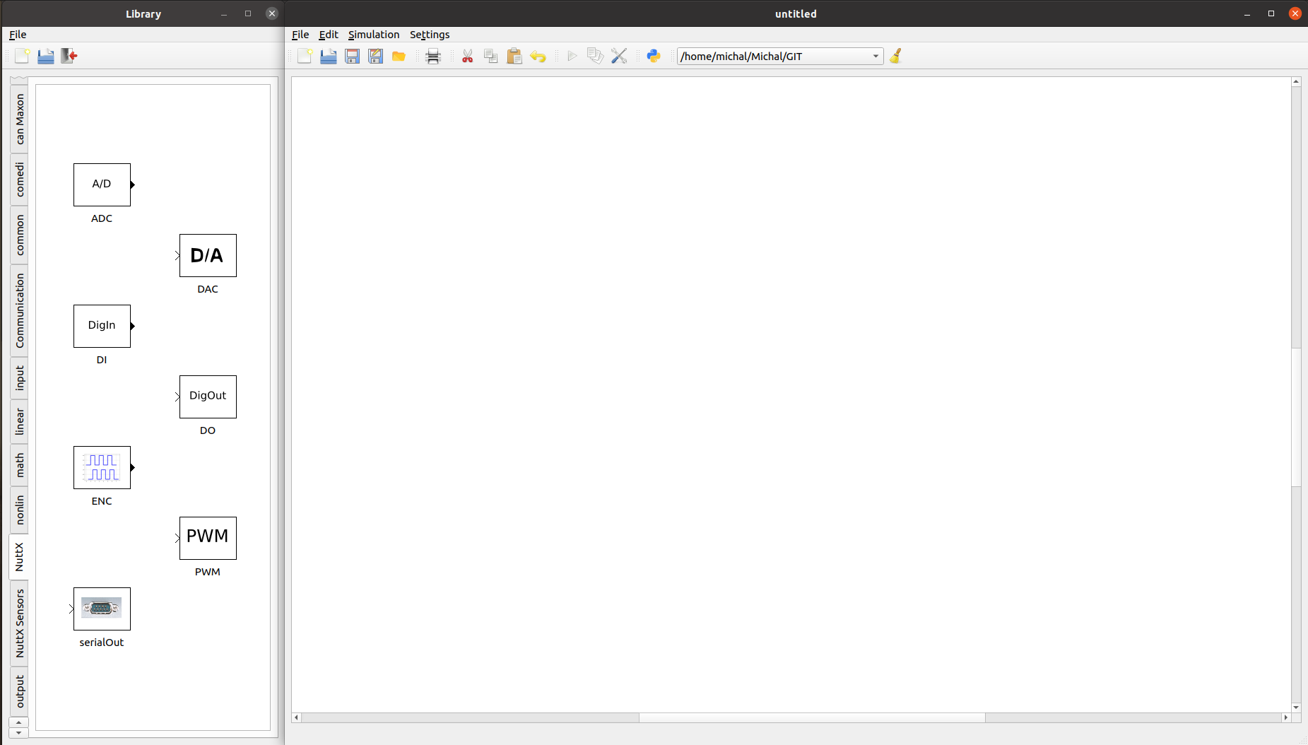 pysimCoder interface: library menu can be seen on the left hand
side